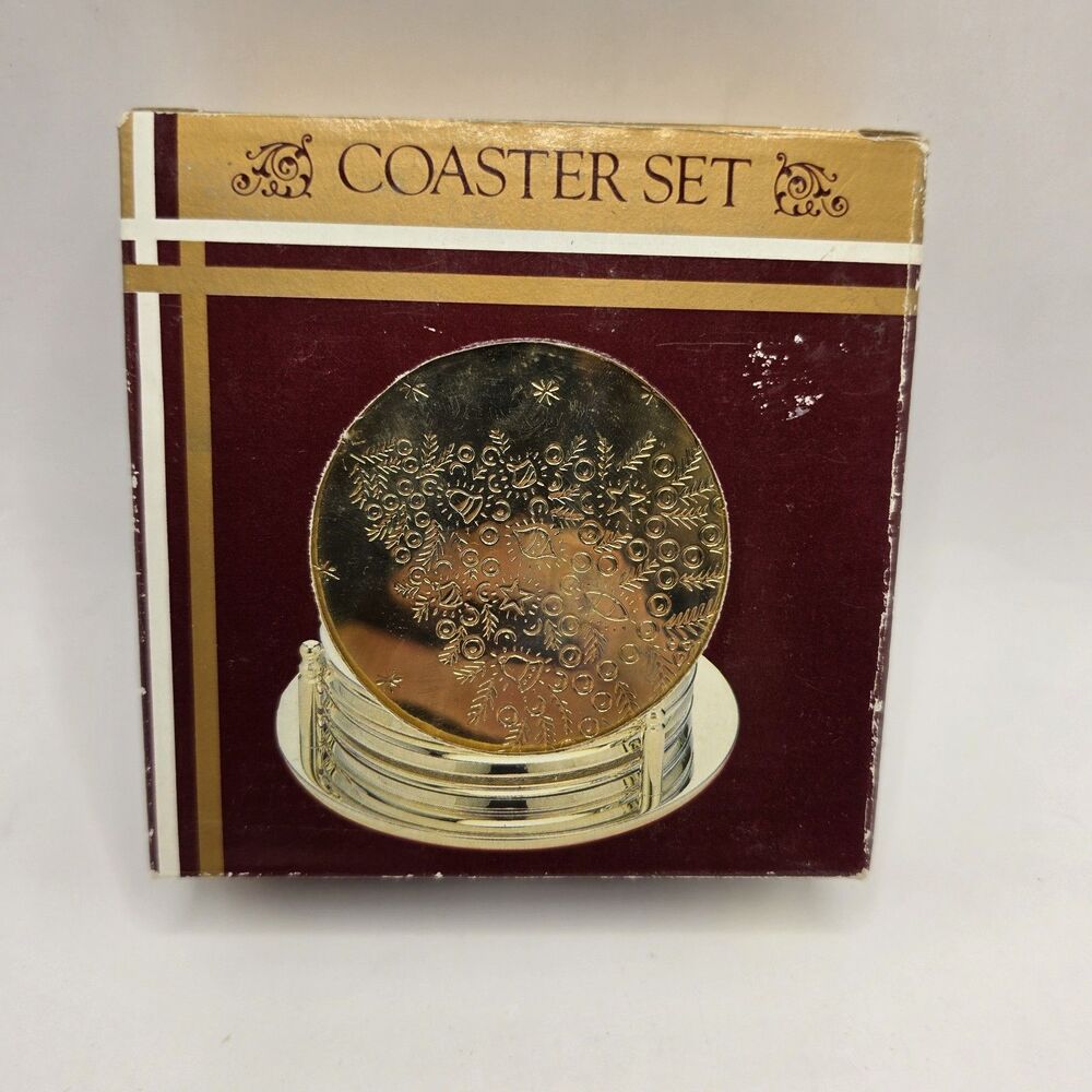 Vintage Brass Plated Christmas Tree 6 Coaster Set with Holder Original Box 1990s